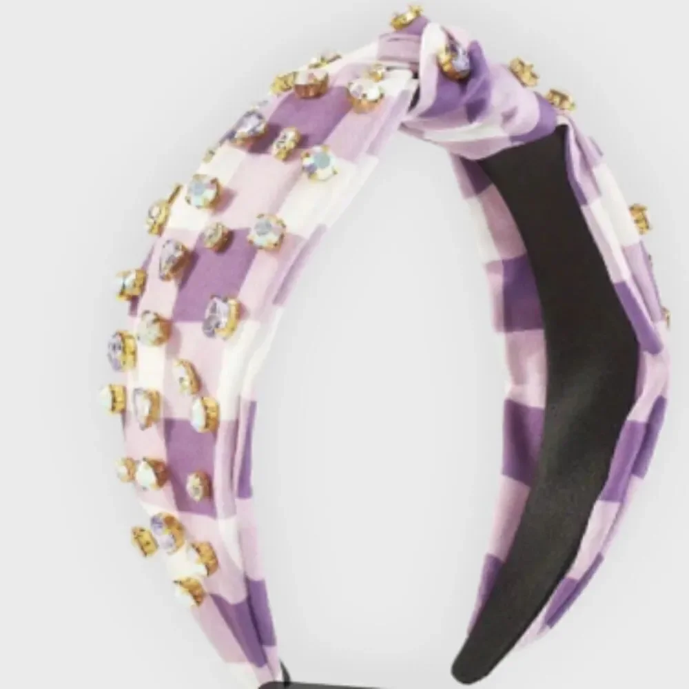 New! Purple Gingham Jeweled Knotted Headband Embellished Rhinestone